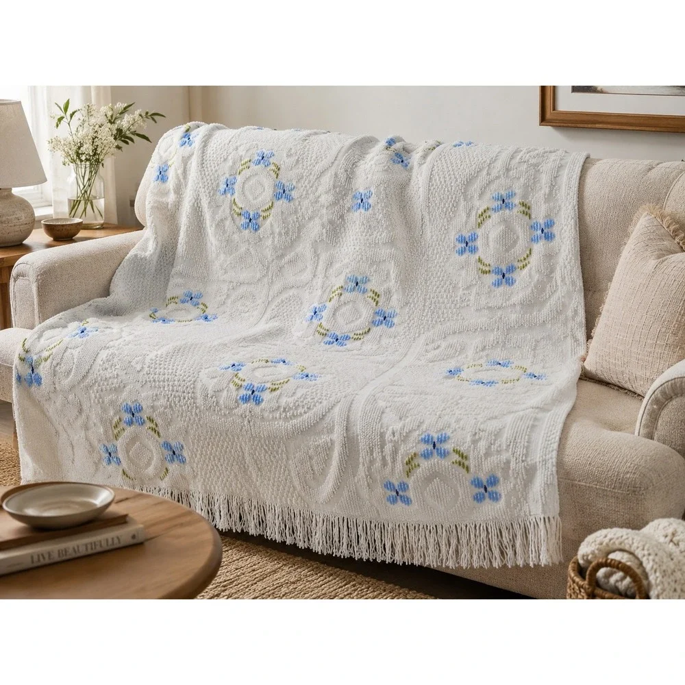 Vintage White Chenille Bedspread Blue Floral Popcorn Tufted Fringe 90x100